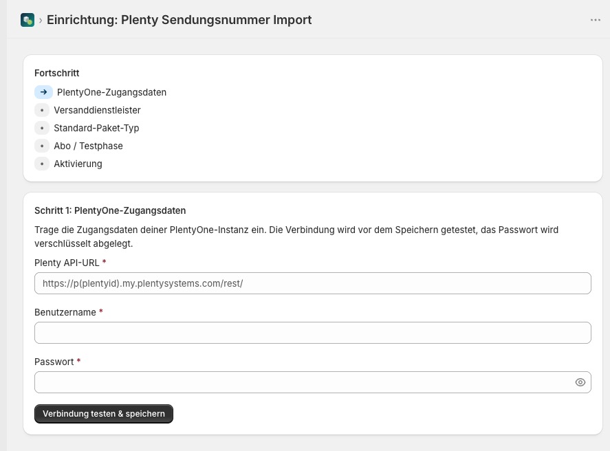 Setup Schritt 1: PlentyOne-Zugangsdaten eingeben