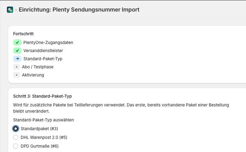 Setup Schritt 3: Standard-Paket-Typ auswählen