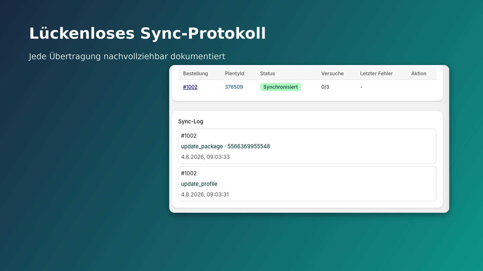 Lückenloses Sync-Protokoll je Bestellung